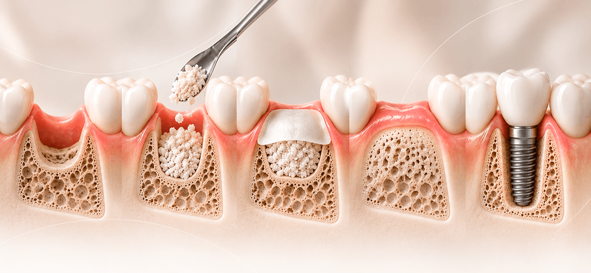 Etapas do enxerto ósseo para implante dentário, mostrando a região com perda óssea, colocação do enxerto, proteção da área, formação óssea e instalação do implante